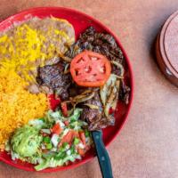 Carne Asada/Steak · Most popular. Skirt steak flamed-broiled to order. Served with grilled onions, tomato, guaca...