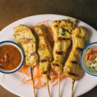 4 Skewers Chicken Satay · Bbq chicken marinated in coconut milk and a mixture of thai spices. Served with famous peanu...