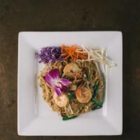 Phad Thai · Stir-fried thin rice noodles with egg, bean sprouts, onion and fresh roasted ground peanuts ...