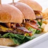 Bacon Cheeseburger Slider · 3 2 oz beef patties topped with American Cheese, bacon, lettuce, and tomato, on slider buns,...