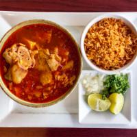 Menudo · Weekends only. beef tripe and hominy soup served with rice oregano onion lime and tortillas ...