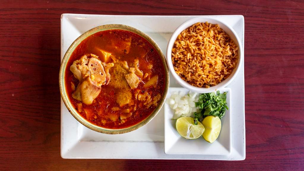 Menudo · Weekends only. Beef tripe and hominy soup served with rice, oregano, onion, lime and tortillas or bread.