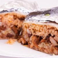 Rancho Burrito · Choice of meat, rice, beans, salsa, onion, cilantro, cheese and small side of chips.