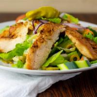 South West Chicken Salad · Blackened chicken breast over mix greens, carrots, cucumbers and onions with oregano vinaigr...