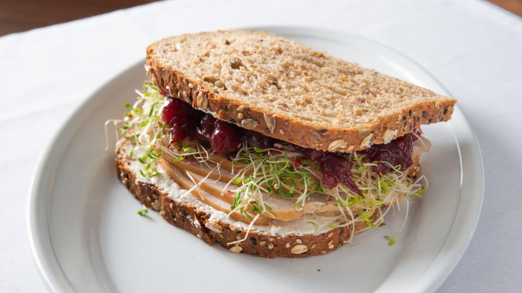Turkey Gobbler · Roast turkey, sprout, cream cheese and cranberry sauce.