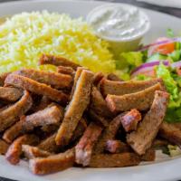 Gyros · Sliced thin seasoned beef and lamb mix over rice, choice of salad (Greek, tabouli, mint, or ...