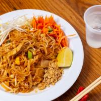 Pad Thai · Thin rice noodles stir-fried with egg, beans sprouts, green onion, in our special tamarind s...