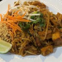 Pad Thai · Gluten free. Thai rice noodles stir fried with eggs, bean sprouts, green onions and peanuts.