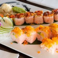 Snow Beauty Roll · Asparagus mango and crab meat inside, with soy pepper, scallop, with spicy mayo on top.

The...
