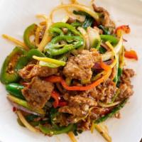Jalapeño Steak · Hot and spicy. Super hot. Stir fried jalapeño and beef slices.