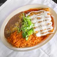 Chile Relleno And Enchilada Plate · Chile Relleno with 1 shredded chicken enchilada, served with rice and beans.