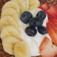 Protein Pancake · Egg White, Banana, Oats, Vanilla, Cinnamon and Vegan Protein. Topped with Banana, Strawberri...