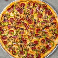 Super Supreme Pizza · Pepperoni, sausage, mozzarella, bell peppers, mushrooms, onions, and olives baked on a hand-...