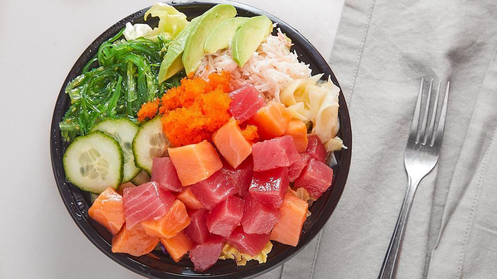 Sushi Bowl · Choose the size: medium or large.  Pick the base, choose protein, pick a sauce, and your toppings.