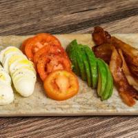 Protein Plate · Sliced hardboiled eggs, sliced avocado, tomato. Choice of bacon, turkey breast, smoked salmo...