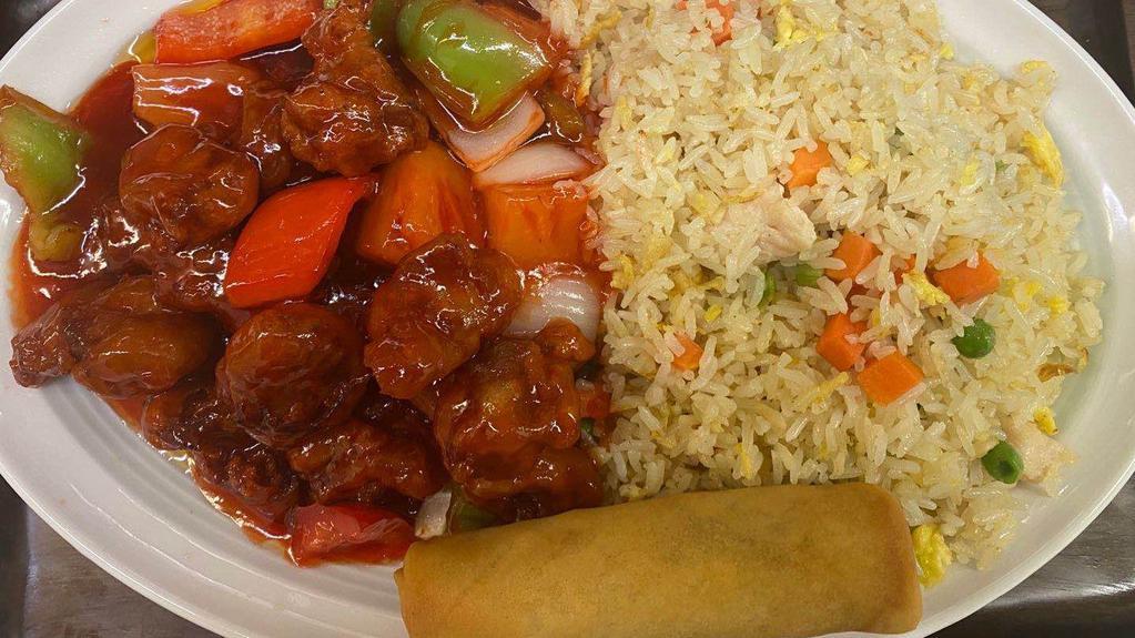 Jing · Soup (hot and sour or egg flower). Egg roll or BBQ pork. General tso chicken(spicy). Chicken fried rice.