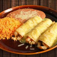 (3) Enchiladas De Camaron · Filled with scrumptious shrimp & mushrooms, then covered with our special creamy Poblano sau...