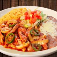 Pollo A La Diabla · Spicy. Chicken breast strips sautéed in butter and cooked in a spicy sauce with mushrooms, j...