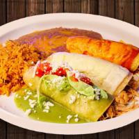 Bandera Mexicana · Mexican flag, enjoy three different flavors in one dish: red sauce enchilada, enchilada a la...