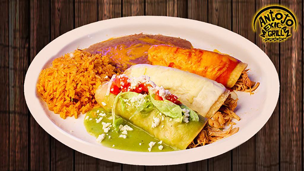 Bandera Mexicana · Mexican flag, enjoy three different flavors in one dish: red sauce enchilada, enchilada a la creama, green sauce enchilada. Filling options: cheese and onions, ground beef, chicken or shredded beef.