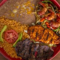 Los Aztecas · Chicken breast, carne asada bacon wrap, shrimp served with rice, beans, pico de gallo and av...