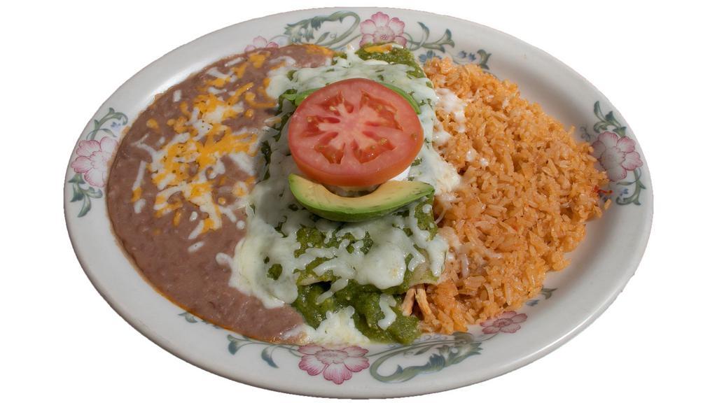 Enchiladas Suizas Combo · Authentic enchiladas with filling prepared with sauce of fresh Mexican tomatillos, green peppers, onions, avocado slices and spices. Topped with sour cream.