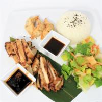 Chicken Teriyaki Combo · Grilled Chicken Breast Marinated in Ginger Soy topped with our Homemade Sweet Teriyaki Sauce...