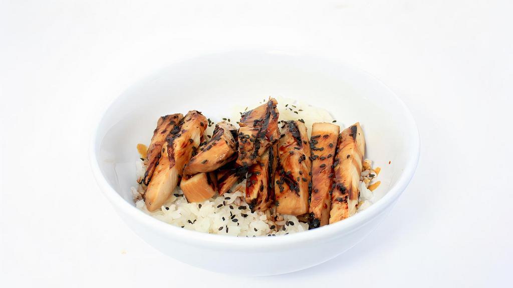 Chicken Teriyaki Bowl · Grilled Chicken Breast Marinated in Ginger Soy topped with our Homemade Sweet Teriyaki Sauce atop a bed of rice.
