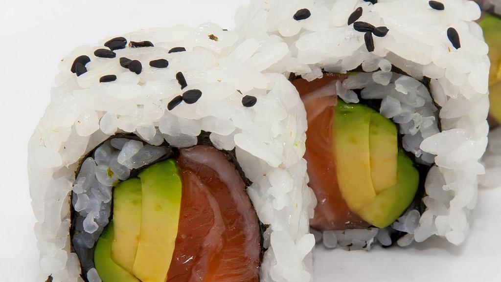 Salmon Avocado Roll · Salmon and avocado wrapped in seaweed and sushi rice, sprinkled with sesame seeds*
