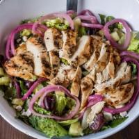 Mediterranean Salad · Grilled chicken breast, feta cheese, Kalamata olives, cucumbers Romaine lettuce, and pickled...