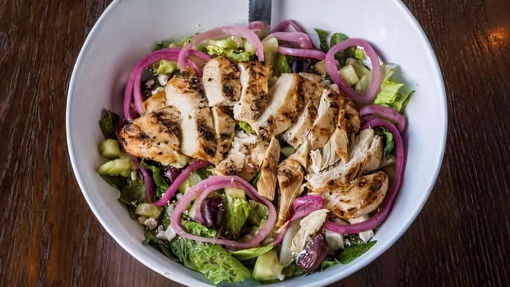 Mediterranean Salad · Grilled chicken breast, feta cheese, Kalamata olives, cucumbers Romaine lettuce, and pickled red onions with a red wine, olive oil, and Greek seasoning vinaigrette.