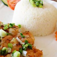 Garlic Shrimp Steamed Rice · Served with steamed jasmine rice, garnished with lettuce, tomatoes, cucumbers, pickled carro...
