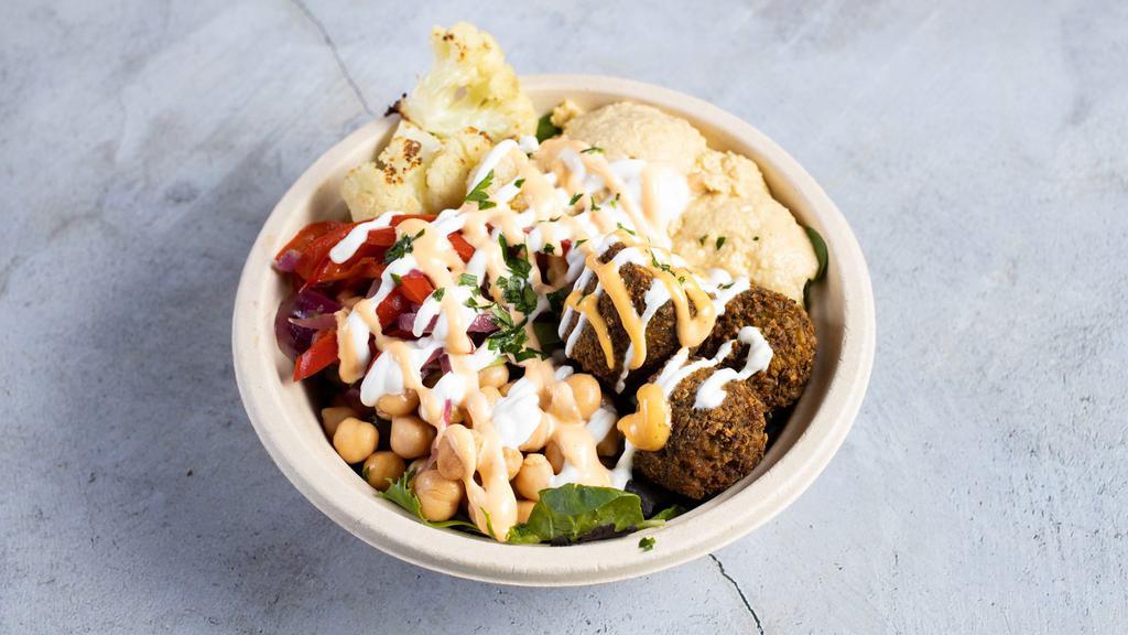The Vegetarian'S Dream Bowl · Our falafel is made from scratch with garbanzo beans and spices. 10 Falales served with rice, salad, pita bread, house tzatziki, and garlic sauce.