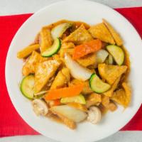 Braised Tofu · Lightly fried tofu stir-fried with assorted vegetables in a brown sauce. A delicious tofu di...