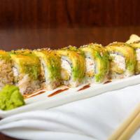 Green Dragon Roll · 2 shrimp tempura, cucumber, avocado, and crab inside with avocado, eel sauce, and Salmon cru...