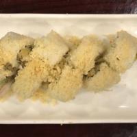Crunchy Roll · Shrimp, crab, avocado, cucumber, fish eggs with tempura flakes eel sauce on top.