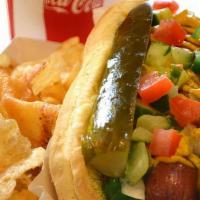 Chicago Dog · Tomatoes, mustard, onion, relish, cucumber, pickle, sport peppers & celery salt.