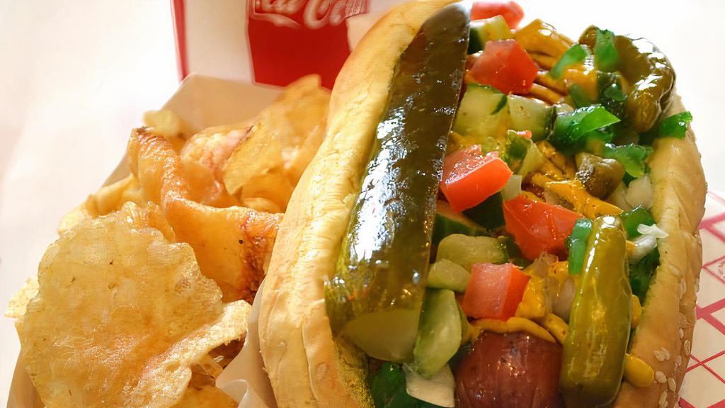 Chicago Dog · Tomatoes, mustard, onion, relish, cucumber, pickle, sport peppers & celery salt.