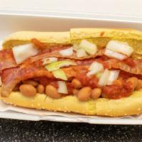Sonoran Dog · With bacon, beans, salsa, onions & Duffy sauce.