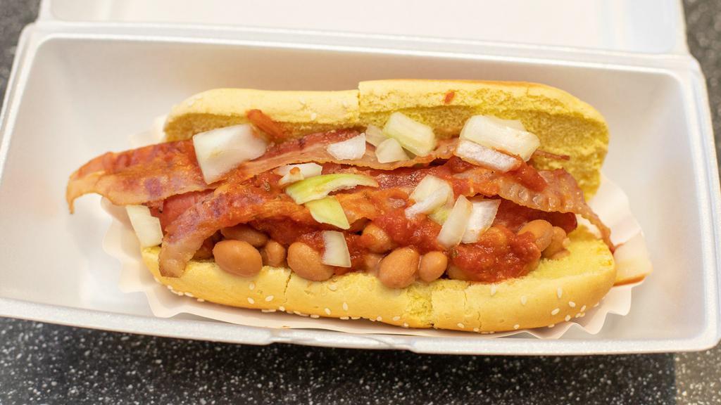 Sonoran Dog · With bacon, beans, salsa, onions & Duffy sauce.