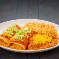 Two Enchiladas · Two cheese enchiladas. Served with rice and beans.