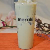 Matcha Pearl Milk Tea · Organic, ceremonial grade matcha powder mixed with non-dairy creamer. Includes boba pearls.