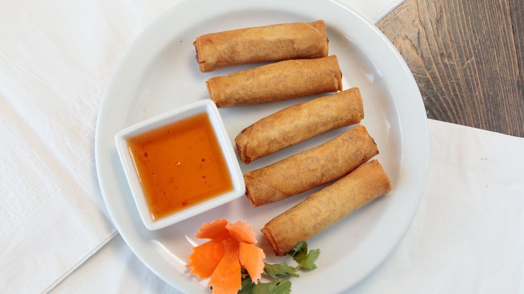 Egg Roll · Deep fried & filled with ground pork, glass noodles & veggies. Served with our Thai sweet & sour chili sauce (5 pieces).