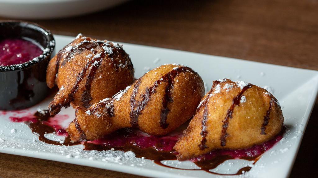 Zeppoles · Vegetarian. little house-made donuts, sugar, chocolate, and fruit dipping sauce.