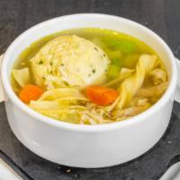 Bowl Matzo Ball Soup · Chicken soup with noodles, veggies and a matzo ball