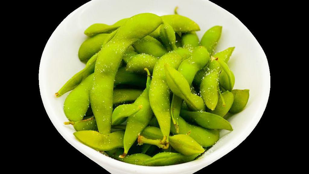 Edamame · A healthy portion of steamed soy beans topped with sea salt.