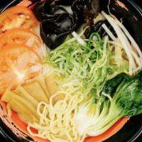 Veggie Ramen · Rich mushroom base. Topping comes with wood ear mushroom, tomato, bamboo shoots, bean sprout...