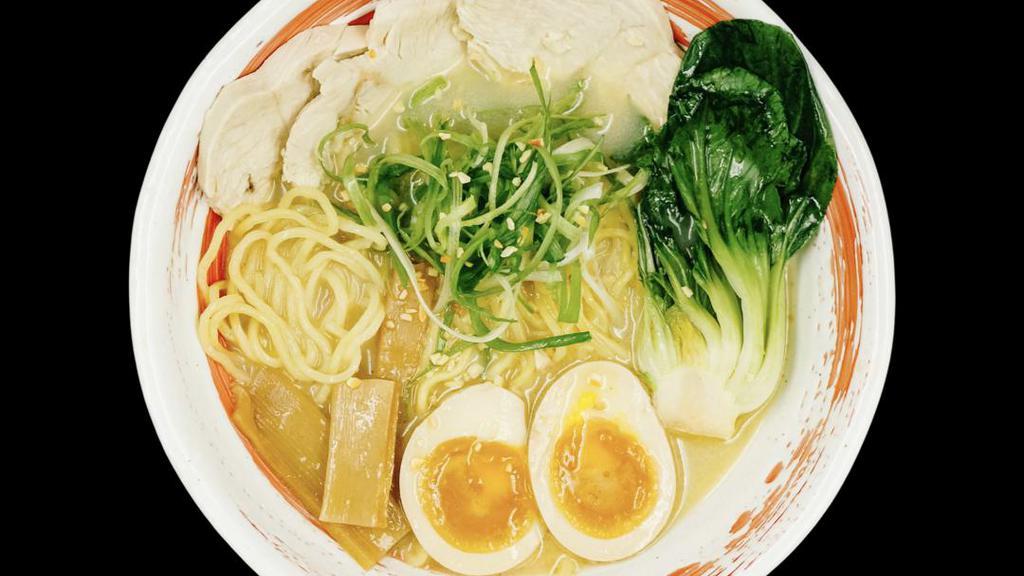 Gluten-Free Tori Paitan Ramen · A hearty rich chicken broth with a light ginger and light garlic base.
Toppings: A portion of chicken breast, choy sum, and julienned green onions.
No Bamboo Shoots or Marinated Eggs – both have gluten