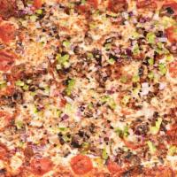 The Madison Square · Large (16 inches). Sicilian pizza with pepperoni, sausage, mushroom, green pepper, red onion...