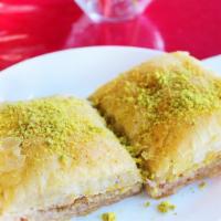 Baklava · Filo pastry, a rich sweet pastry filled with chopped nuts and sweetened with honey.